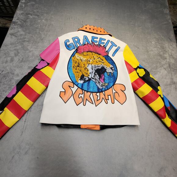 Azalea Wang Graffiti Screams Jacket Womens XL Moto Studded Faux Leather WX055D - Picture 12 of 15